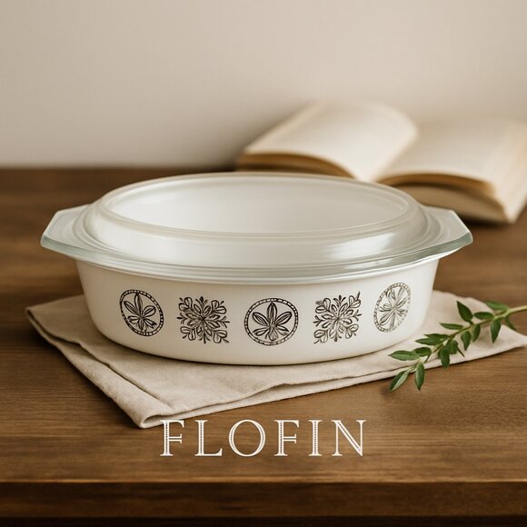 Vintage Pyrex 1958 2 1/2'' Qt 045 hex sign oval casserole with lid - Picture 1 of 9